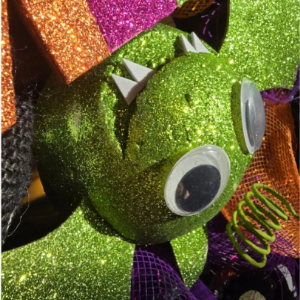 Colorful Googly Eye Green Glitter Bat Black Bow Wreath Halloween Decoration